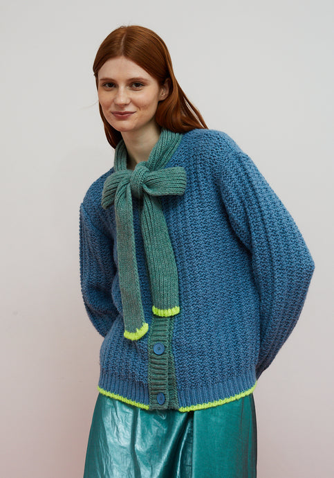 Dr. Bloom Berenjena Bow Cardigan | Blue & Neon Yellow