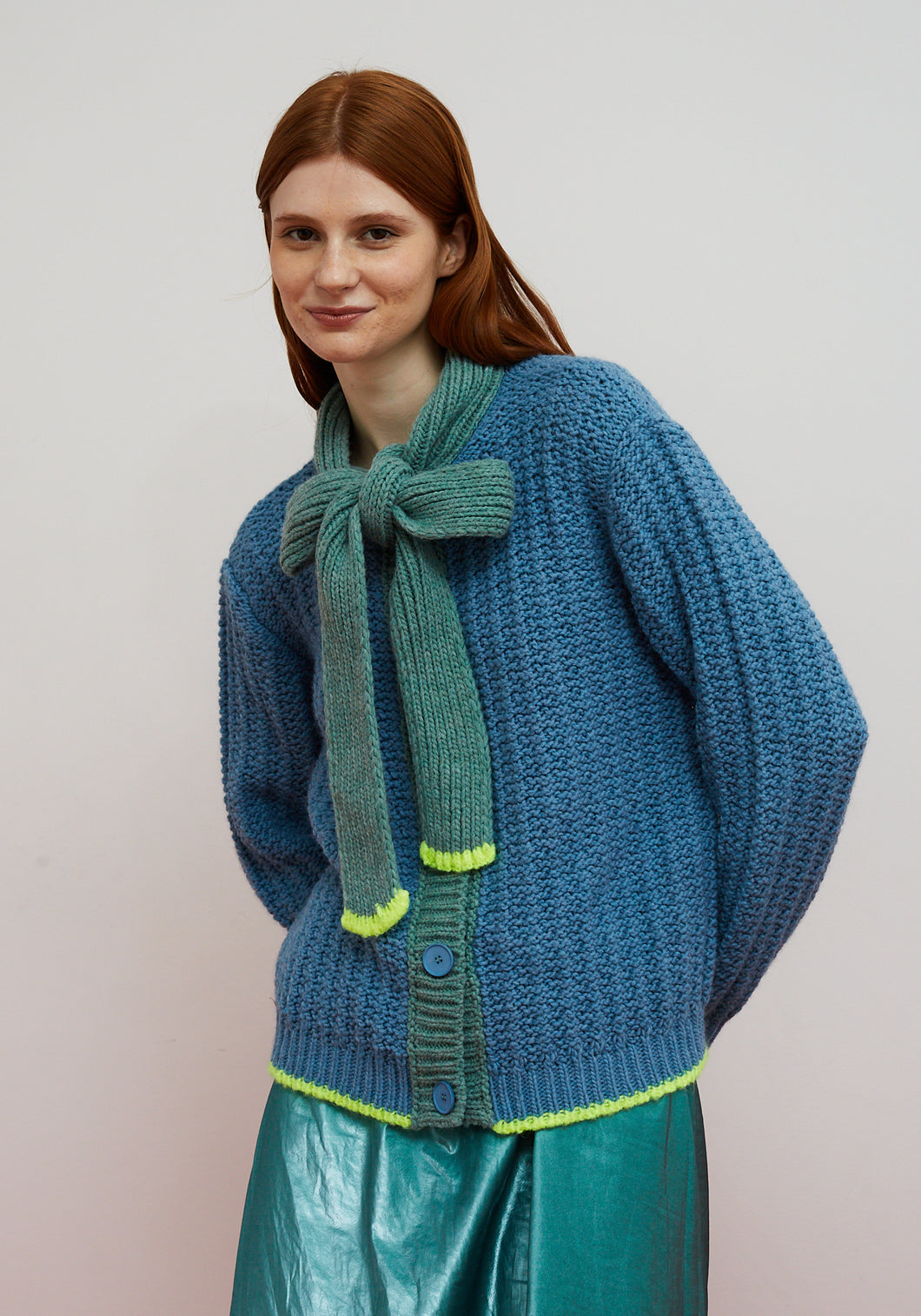 Dr. Bloom Berenjena Bow Cardigan | Blue & Neon Yellow