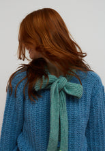 Load image into Gallery viewer, Dr. Bloom Berenjena Bow Cardigan | Blue &amp; Neon Yellow