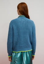 Load image into Gallery viewer, Dr. Bloom Berenjena Bow Cardigan | Blue &amp; Neon Yellow