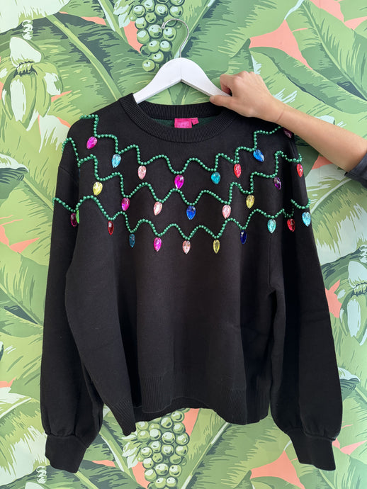 Queen Of Sparkles Pearl & Jewel Christmas Lights Sweater | Black