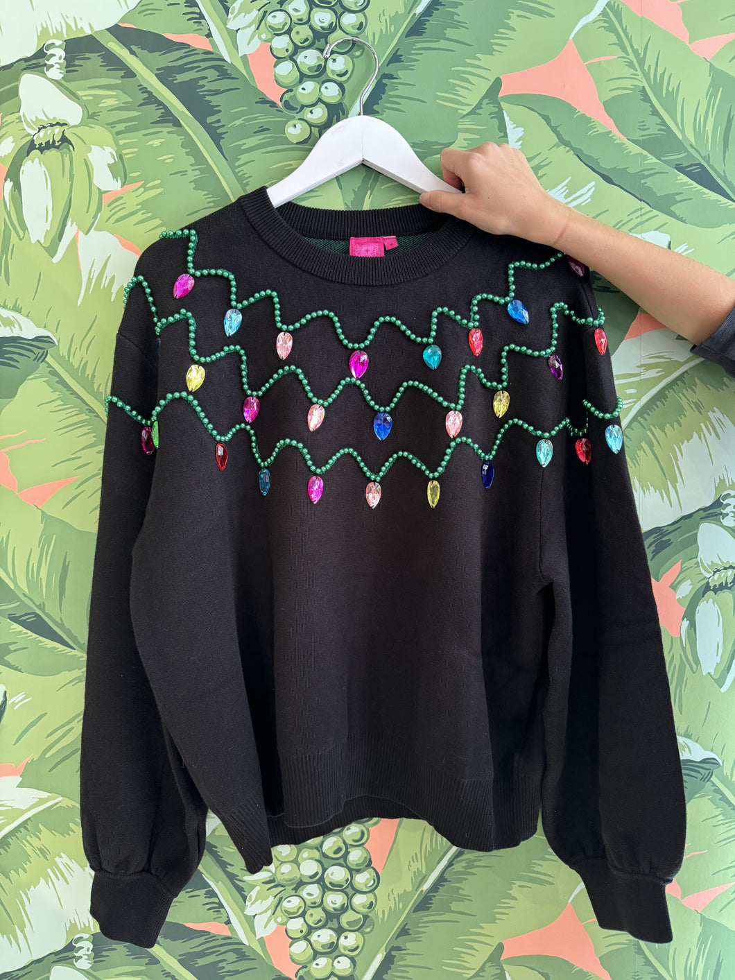 Queen Of Sparkles Pearl & Jewel Christmas Lights Sweater | Black