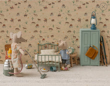 Load image into Gallery viewer, Toy mouse cleaning a miniature bedroom with a patterned wallpaper background