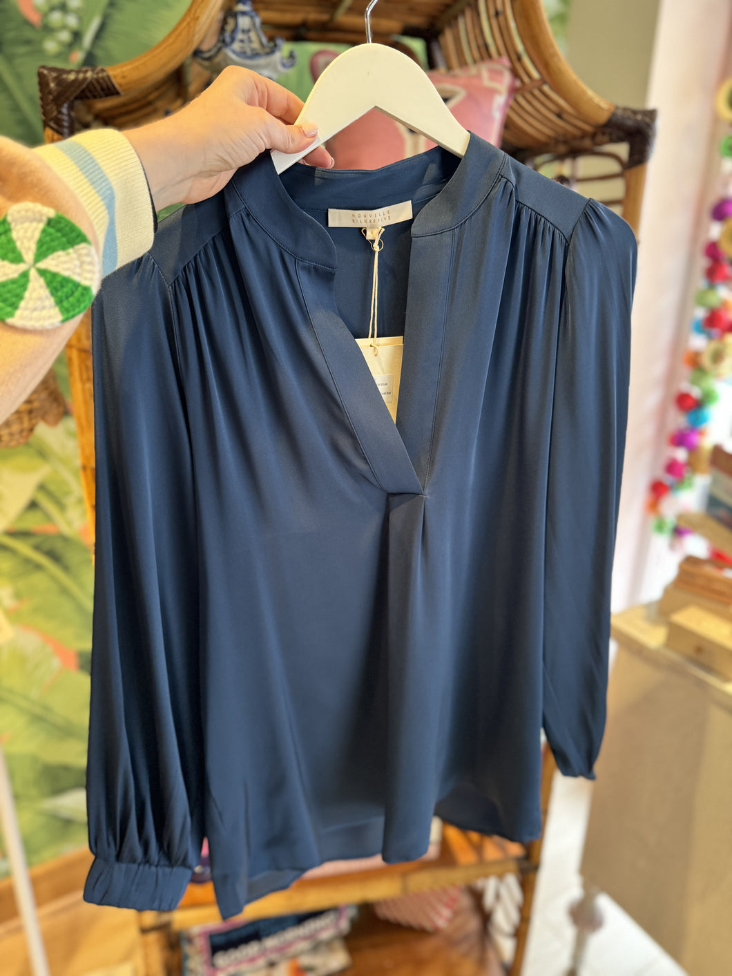 Nouvelle Silk 95 Madras Blouse | Deep Ocean Blue