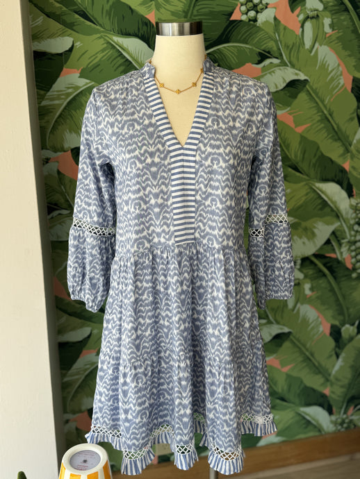 La Plage Alison Long Sleeve Dress | Ikat Blue & White