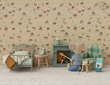 Load image into Gallery viewer, Children's room with wallpaper featuring animal patterns, furniture, and a toy mouse.