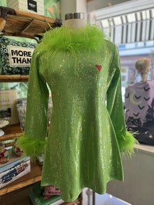 Final Sale. Queen of Sparkles Grinch Sequin & Feather Christmas Dress L