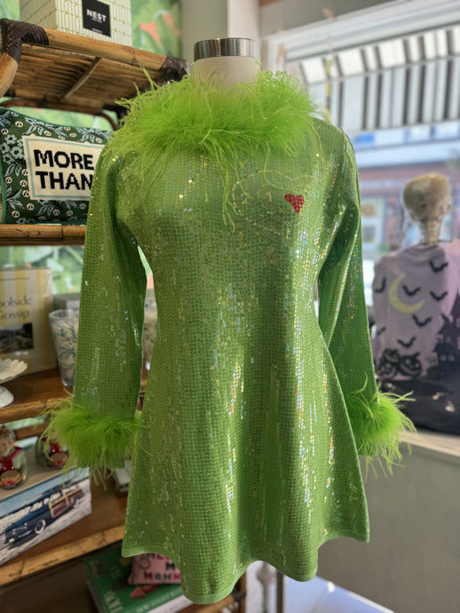 Queen Of Sparkles Grinch Sequin & Feather Christmas Dress