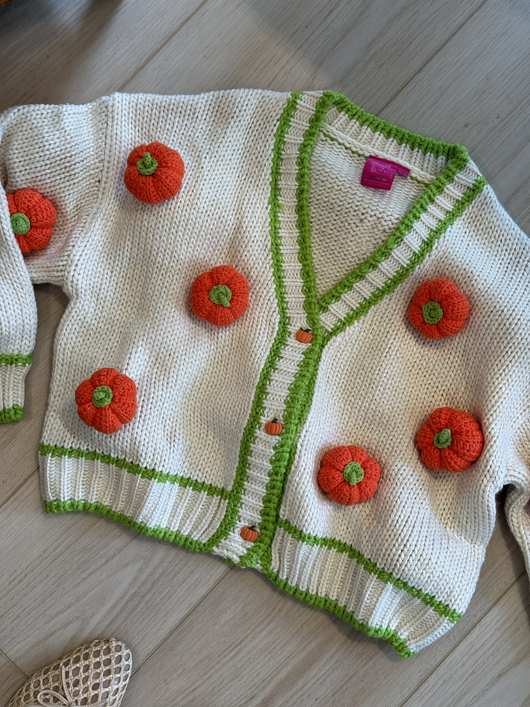 Queen Of Sparkles Ivory & Green Knitted Pumpkin Fall Cardigan
