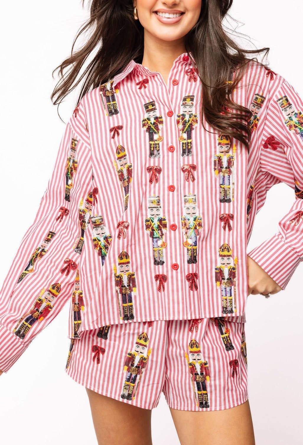 Queen Of Sparkles Red Stripe Nutcracker Christmas Button Down