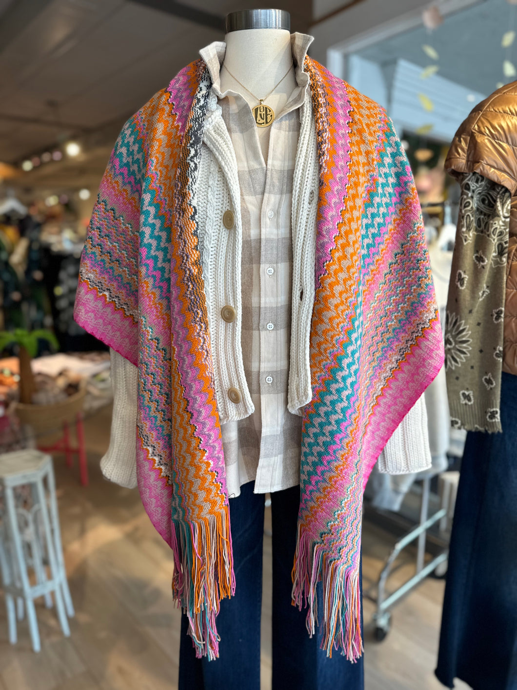 Missoni Zig Zag Fringe Cape | Pink & Turquoise