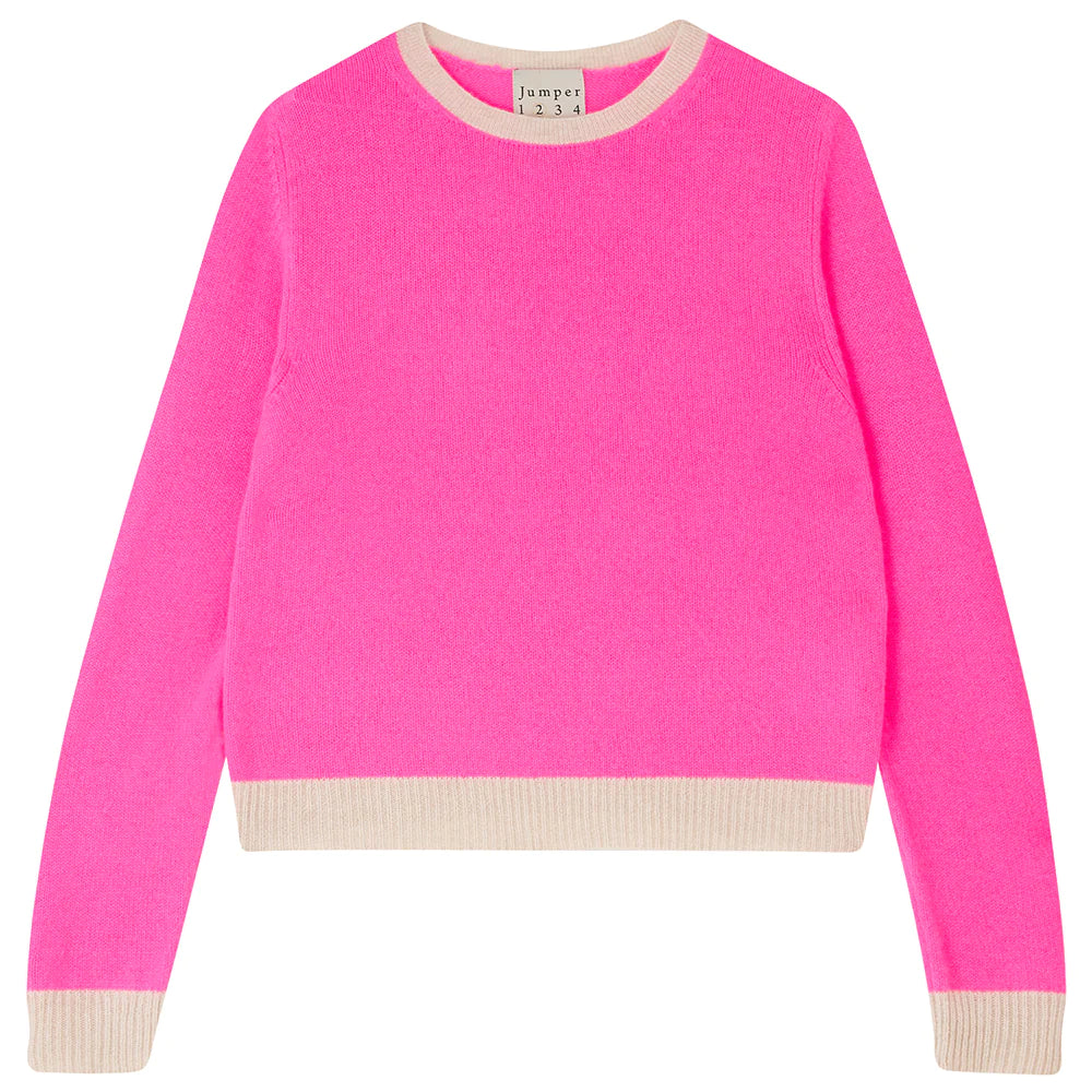 Jumper 1234 Contrast Cashmere Crew in Hot Pink and Oatmeal
