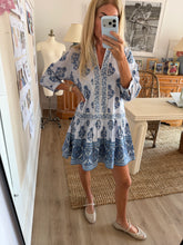 Load image into Gallery viewer, Marea Jeanine Dress | Indigo Stripe Hollyhock
