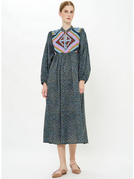 Oliphant Mandarin Balloon Sleeve Midi Dress | Jag Navy