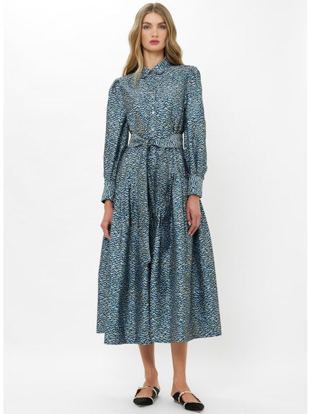 Flutter Sleeve Smocked Midi Dress Cotton Voile, Jag Navy, Medium