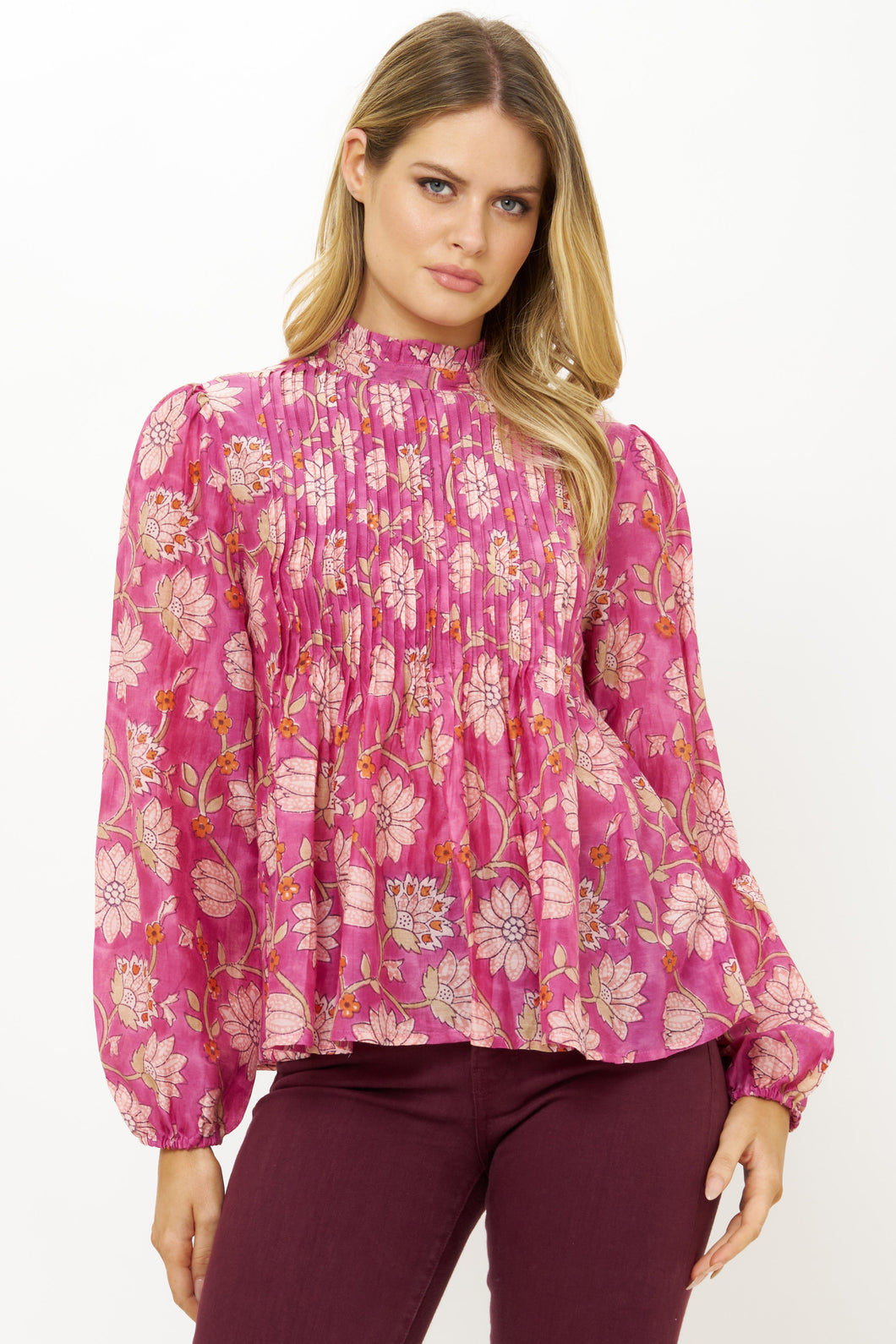Oliphant Long Sleeve Pintuck Blouse | Magenta Presido