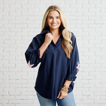 Load image into Gallery viewer, Caryn Lawn Preppy Leather Star Elbow Top | Navy &amp; Rosé