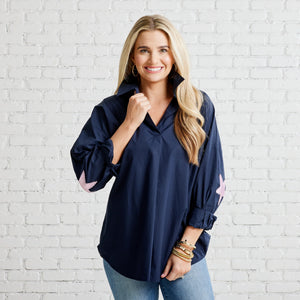 Caryn Lawn Preppy Leather Star Elbow Top | Navy & Rosé