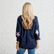 Load image into Gallery viewer, Caryn Lawn Preppy Leather Star Elbow Top | Navy &amp; Rosé