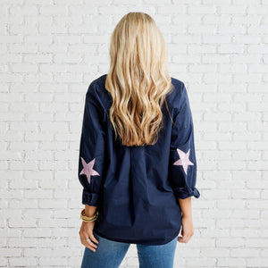 Caryn Lawn Preppy Leather Star Elbow Top | Navy & Rosé