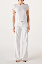 Load image into Gallery viewer, Person wearing a white t-shirt and white pants on a plain background AMO DENIM REGINA WHITE JEANS