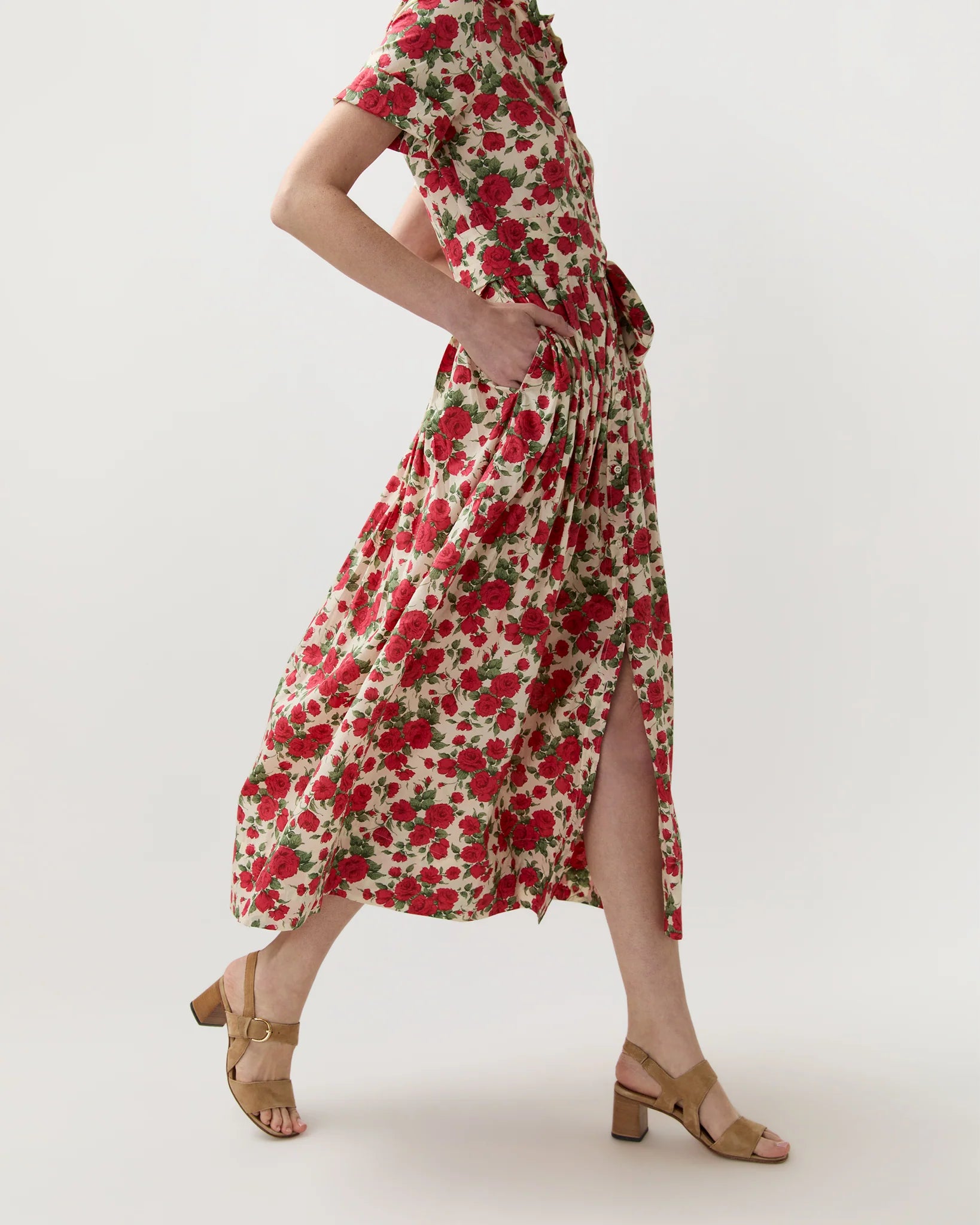 maxi shirtwaist dress Short-Sleeved Classic Shirtwaist Maxi Dress in Red Carline Rose Liberty Fabric