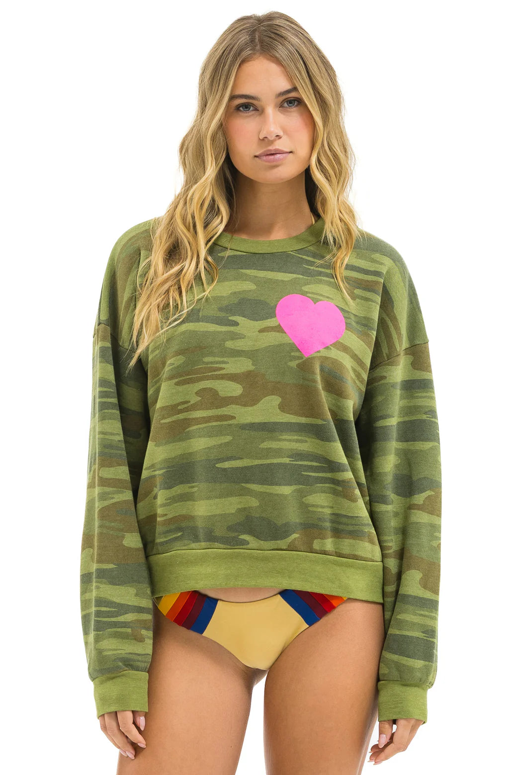 Aviator Nation HEART PRINT RELAXED CREW SWEATSHIRT | CAMO & NEON PINK