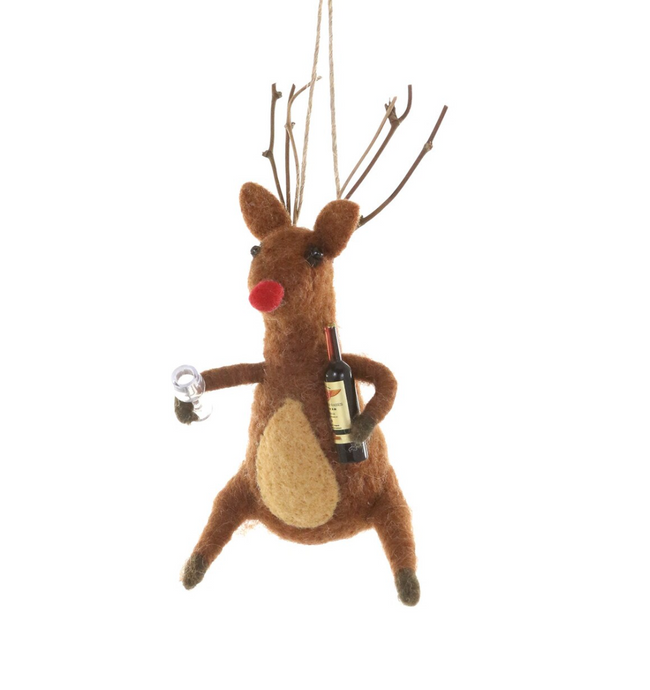 Wine Drunk Reindeer Felt Christmas Ornament