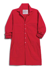 Load image into Gallery viewer, Red utility dress with pockets and a brand label on a white background