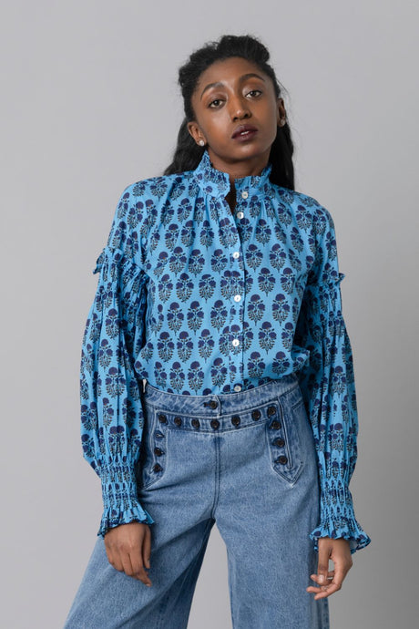 Hope For Flowers Full Sleeve Button Down | French Blue Floral Woodblock