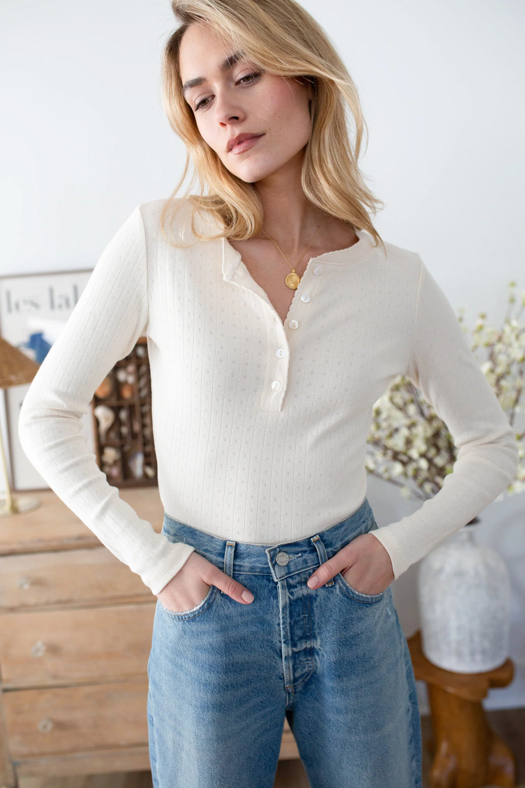 Marea Pointelle Long Sleeve Henley | Ivory