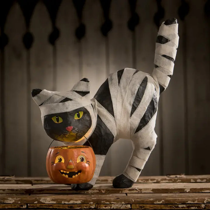 Mummy Kitty Paper Mache Halloween Decor