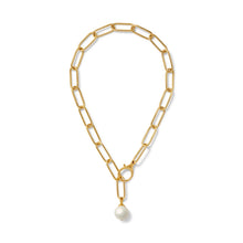Load image into Gallery viewer, A 17-inch polished 14 karat gold over brass lariat necklace with a large lobster claw clasp and a baby pebble pearl charm.