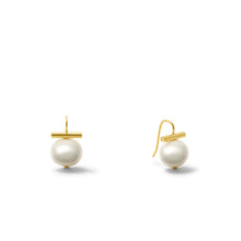 Load image into Gallery viewer, Pair of pearl earrings with gold posts on a white background