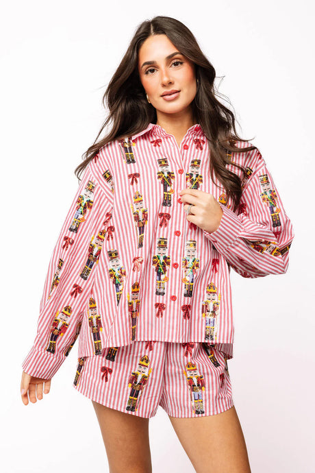 Queen Of Sparkles Red Stripe Nutcracker Christmas Button Down