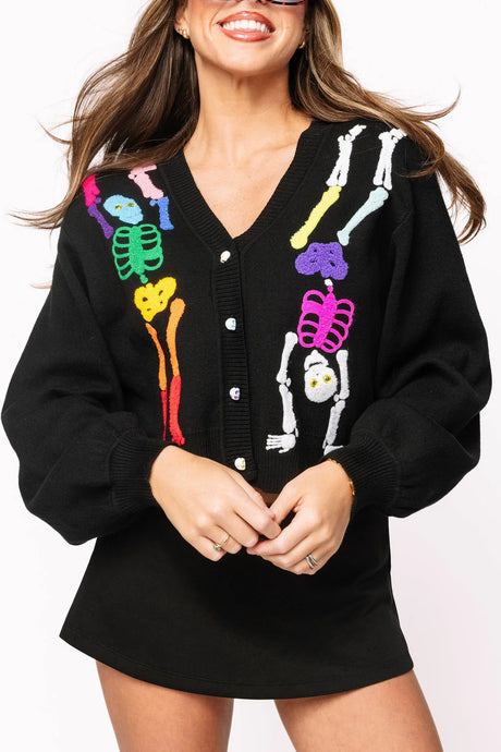 Queen Of Sparkles Colorful Skeleton Halloween Cardigan | Black