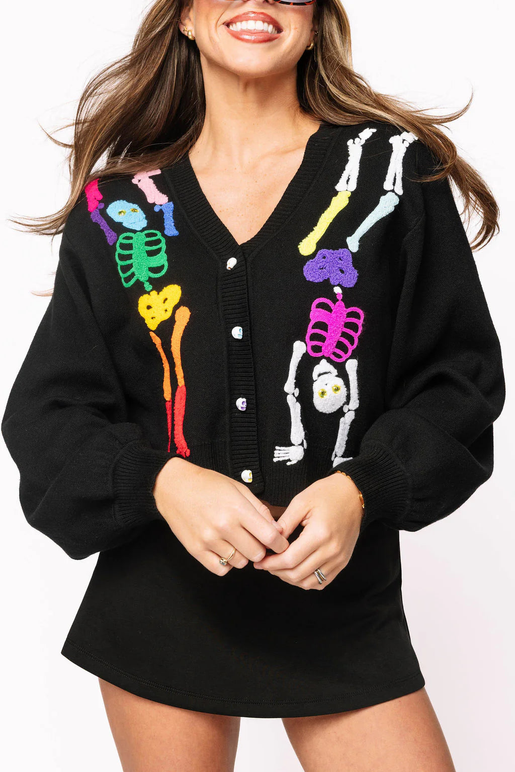 Queen Of Sparkles Colorful Skeleton Halloween Cardigan | Black