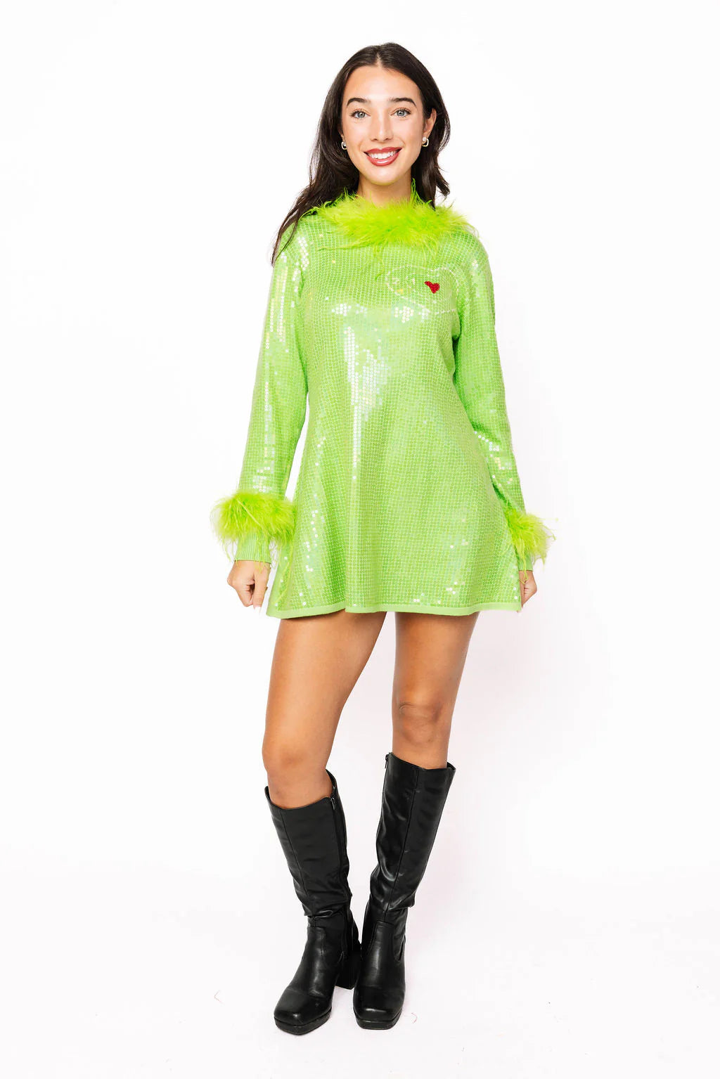 Final Sale. Queen of Sparkles Grinch Sequin & Feather Christmas Dress L Final Sale. Queen of Sparkles Grinch Sequin & Feather Christmas Dress L