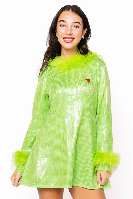 Queen Of Sparkles Grinch Sequin & Feather Christmas Dress