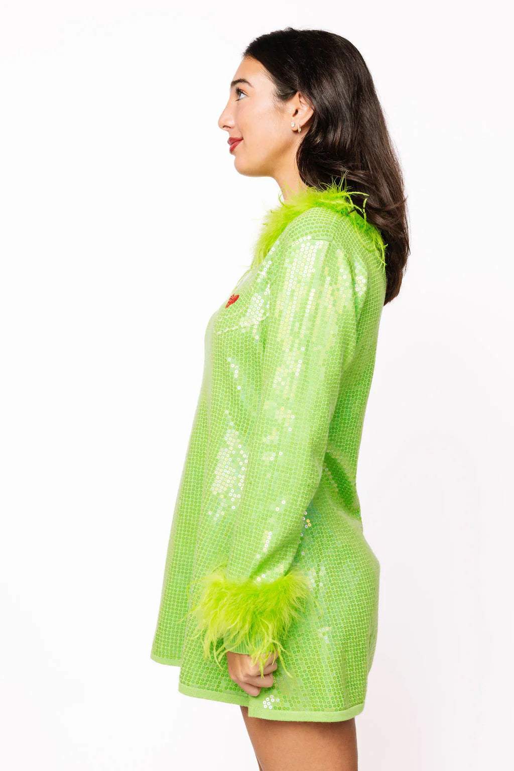 FINAL SALE. Queen Of Sparkles Grinch Sequin & Feather Christmas Dress L