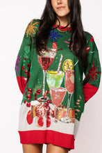Load image into Gallery viewer, Queen Of Sparkles Green &amp; Red Christmas Cocktails Sweater Dress