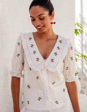 Load image into Gallery viewer, Pink City Prints Cherrylicious Ava Blouse | White Cherries Embroidered Blouse
