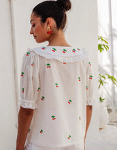 Load image into Gallery viewer, Pink City Prints Cherrylicious Ava Blouse | White Cherries Embroidered Blouse