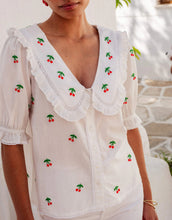 Load image into Gallery viewer, Pink City Prints Cherrylicious Ava Blouse | White Cherries Embroidered Blouse