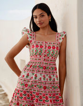 Load image into Gallery viewer, FINAL SALE Pink City Prints Rose Folk Lucia Dress | White, Pink &amp; Red Block Printed Dress
