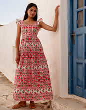 Load image into Gallery viewer, FINAL SALE Pink City Prints Rose Folk Lucia Dress | White, Pink &amp; Red Block Printed Dress