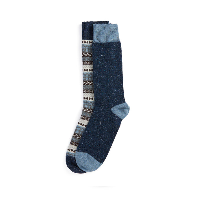 Barbour Men's Blue Fairisle/Plain Socks | 2 Pack- Large