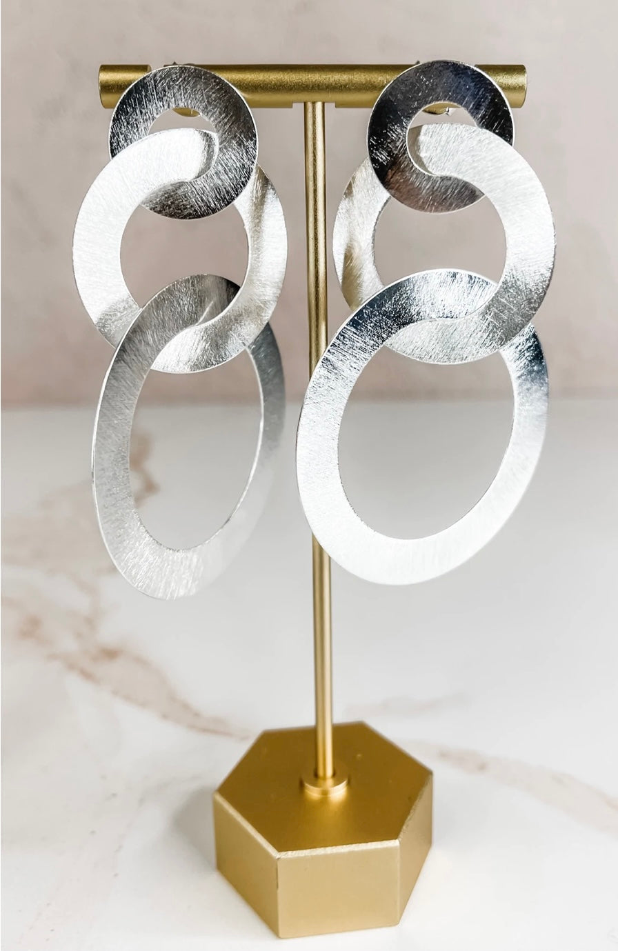 Tri Circle Brushed Earrings- Silver